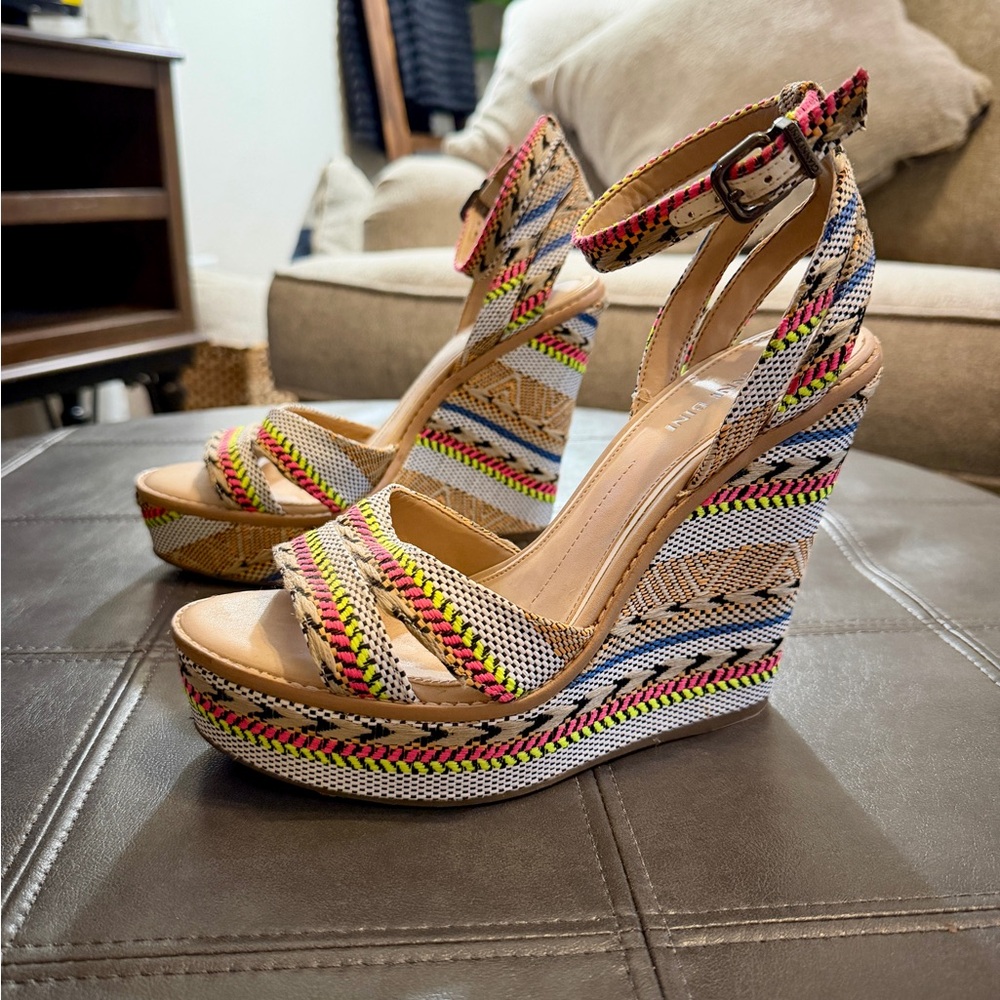 Gianni Bini Multicolor Woven Ankle-Strap Wedge Sandals